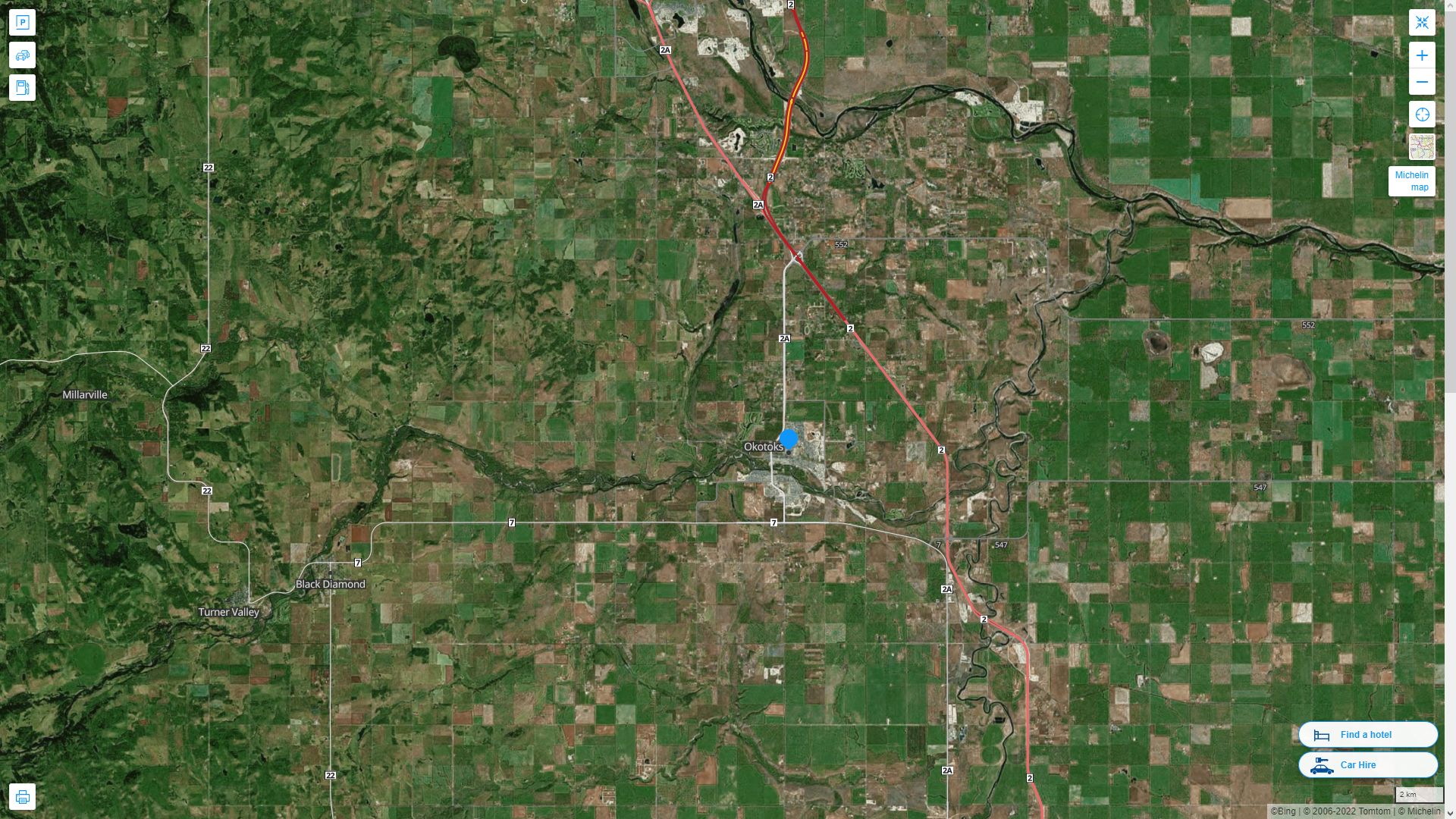Okotoks Canada Autoroute et carte routiere avec vue satellite